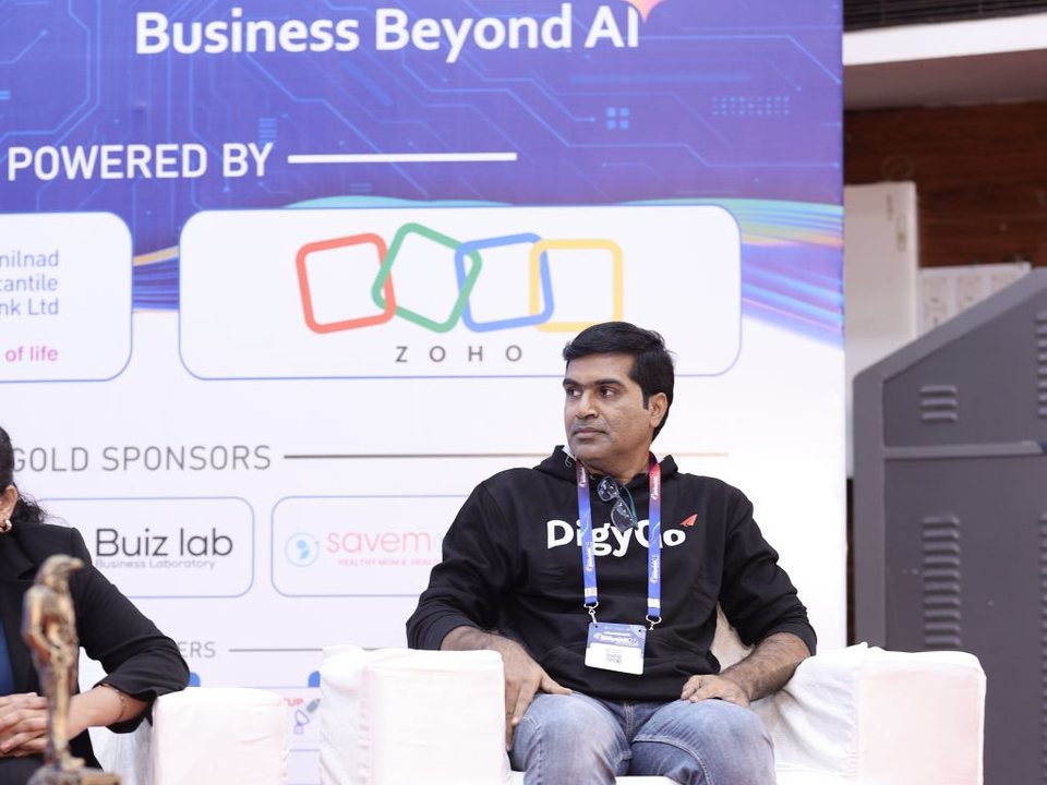 Sivaraj Palanisamy on stage as a speaker at DigitAll Sangamam 2025, Business Beyond AI